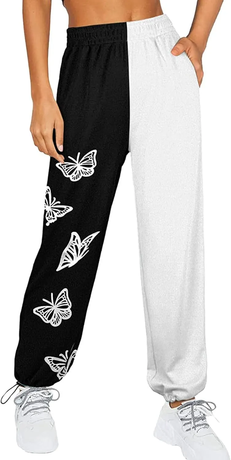 Women's Sweatpants Casual Loose Patchwork Lounge Trousers with Pockets High Waist Drawstring Cinch Bottom Jogger Pants