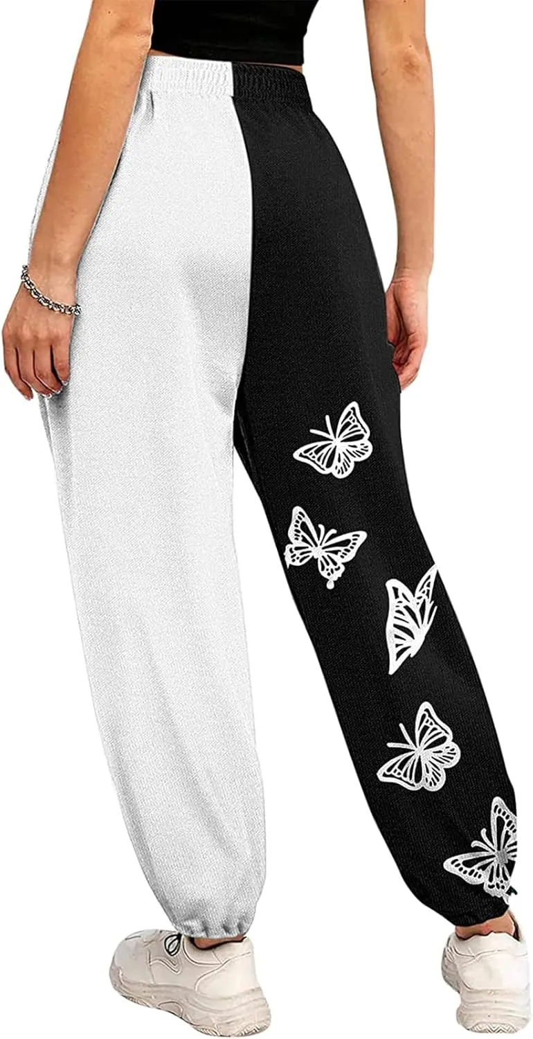 Women's Sweatpants Casual Loose Patchwork Lounge Trousers with Pockets High Waist Drawstring Cinch Bottom Jogger Pants