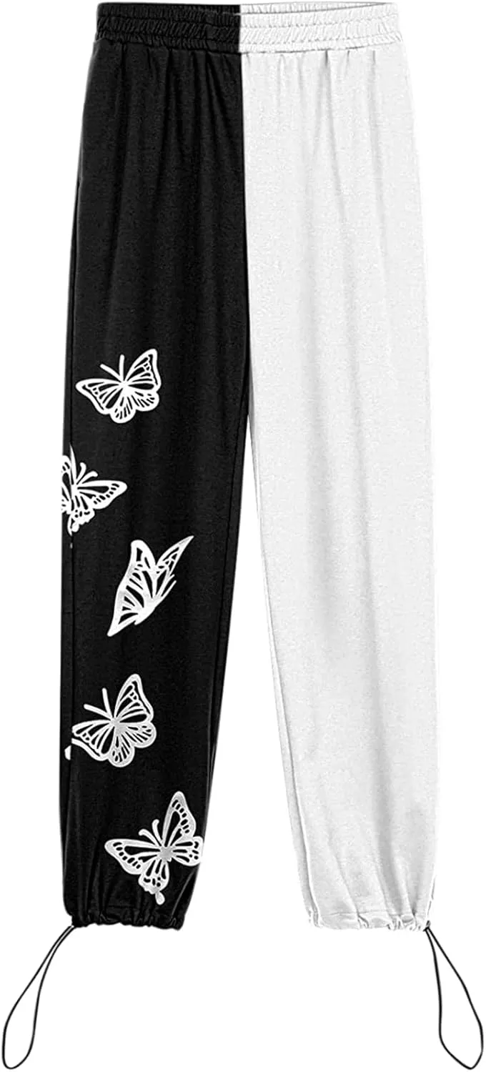 Women's Sweatpants Casual Loose Patchwork Lounge Trousers with Pockets High Waist Drawstring Cinch Bottom Jogger Pants