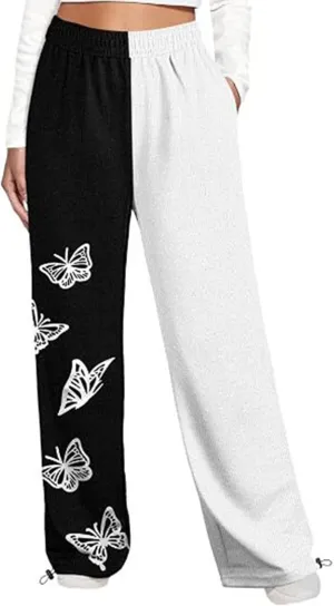 Women's Sweatpants Casual Loose Patchwork Lounge Trousers with Pockets High Waist Drawstring Cinch Bottom Jogger Pants