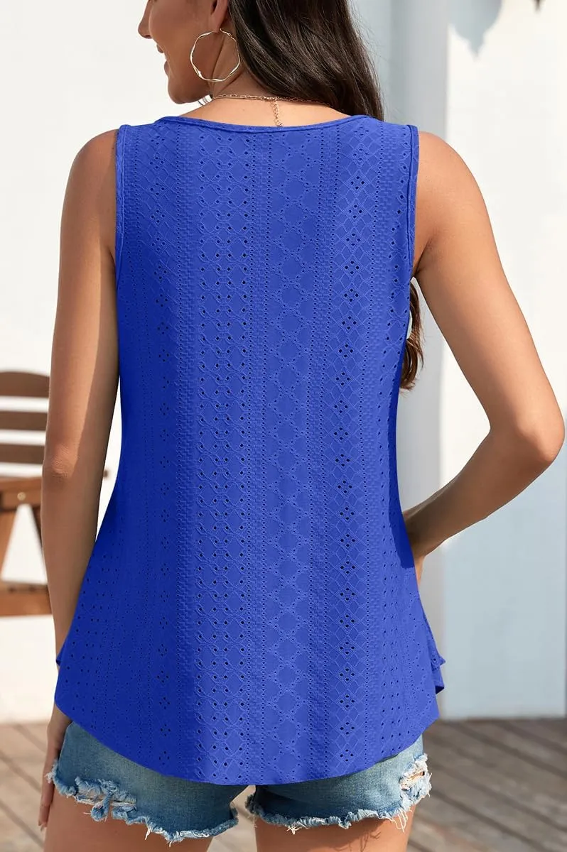 Womens Tank Tops Eyelet Embroidery Sleeveless Cami Scoop Neck Loose Casual Summer Camisole Shirts