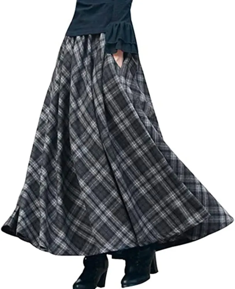 Women's Thick Vintage Plaid Pleated Skirt Autumn Winter Long Skirts