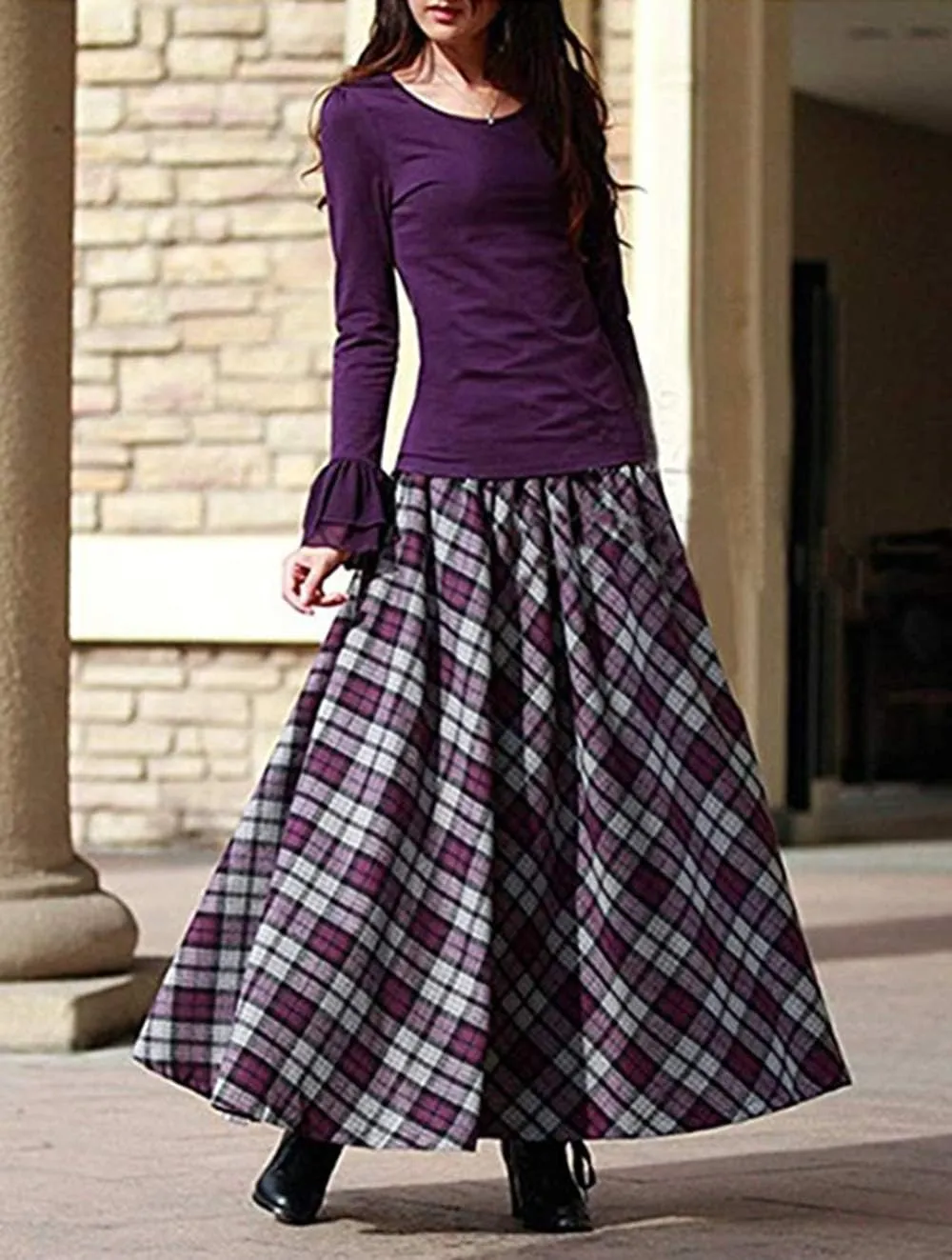 Women's Thick Vintage Plaid Pleated Skirt Autumn Winter Long Skirts