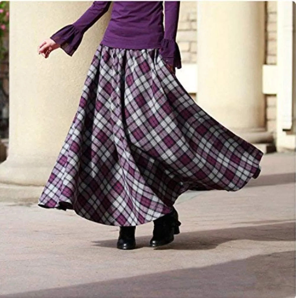 Women's Thick Vintage Plaid Pleated Skirt Autumn Winter Long Skirts