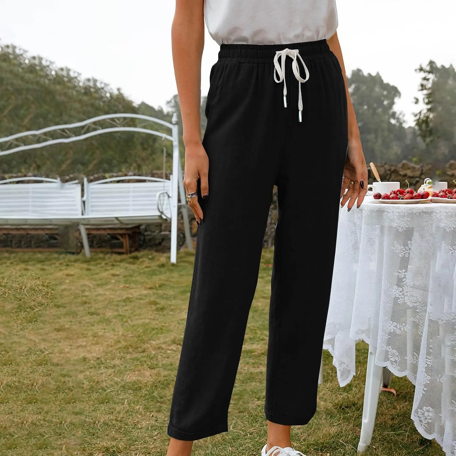 Women's Trendy Casual Solid Color Cotton Linen Trousers with Pocket Elastic High Waisted Strap Home Pants 2025