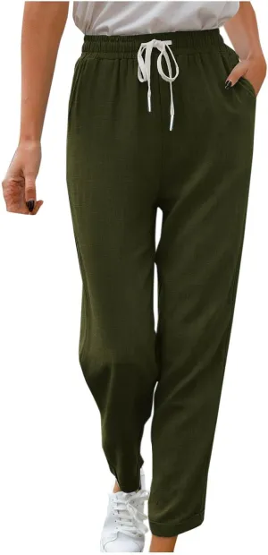 Women's Trendy Casual Solid Color Cotton Linen Trousers with Pocket Elastic High Waisted Strap Home Pants 2025