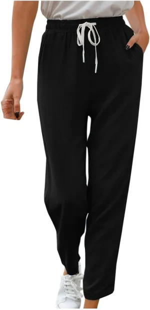 Women's Trendy Casual Solid Color Cotton Linen Trousers with Pocket Elastic High Waisted Strap Home Pants 2025