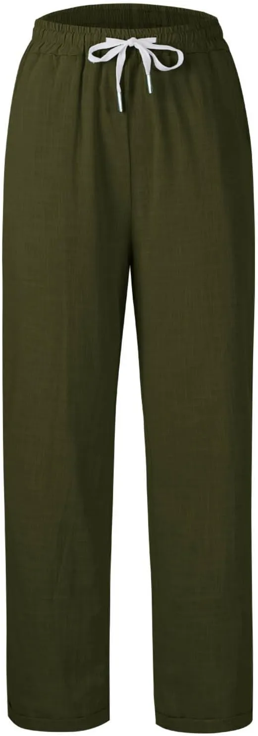 Women's Trendy Casual Solid Color Cotton Linen Trousers with Pocket Elastic High Waisted Strap Home Pants 2025