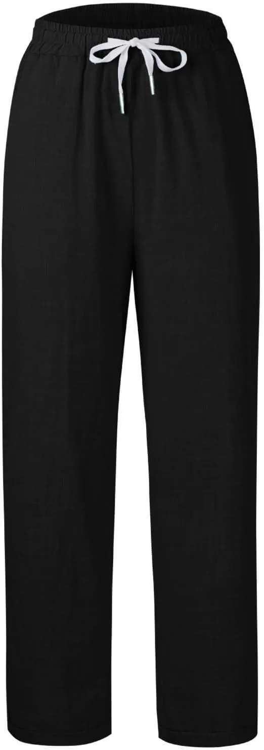 Women's Trendy Casual Solid Color Cotton Linen Trousers with Pocket Elastic High Waisted Strap Home Pants 2025
