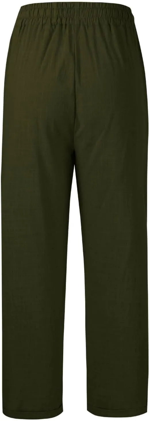 Women's Trendy Casual Solid Color Cotton Linen Trousers with Pocket Elastic High Waisted Strap Home Pants 2025