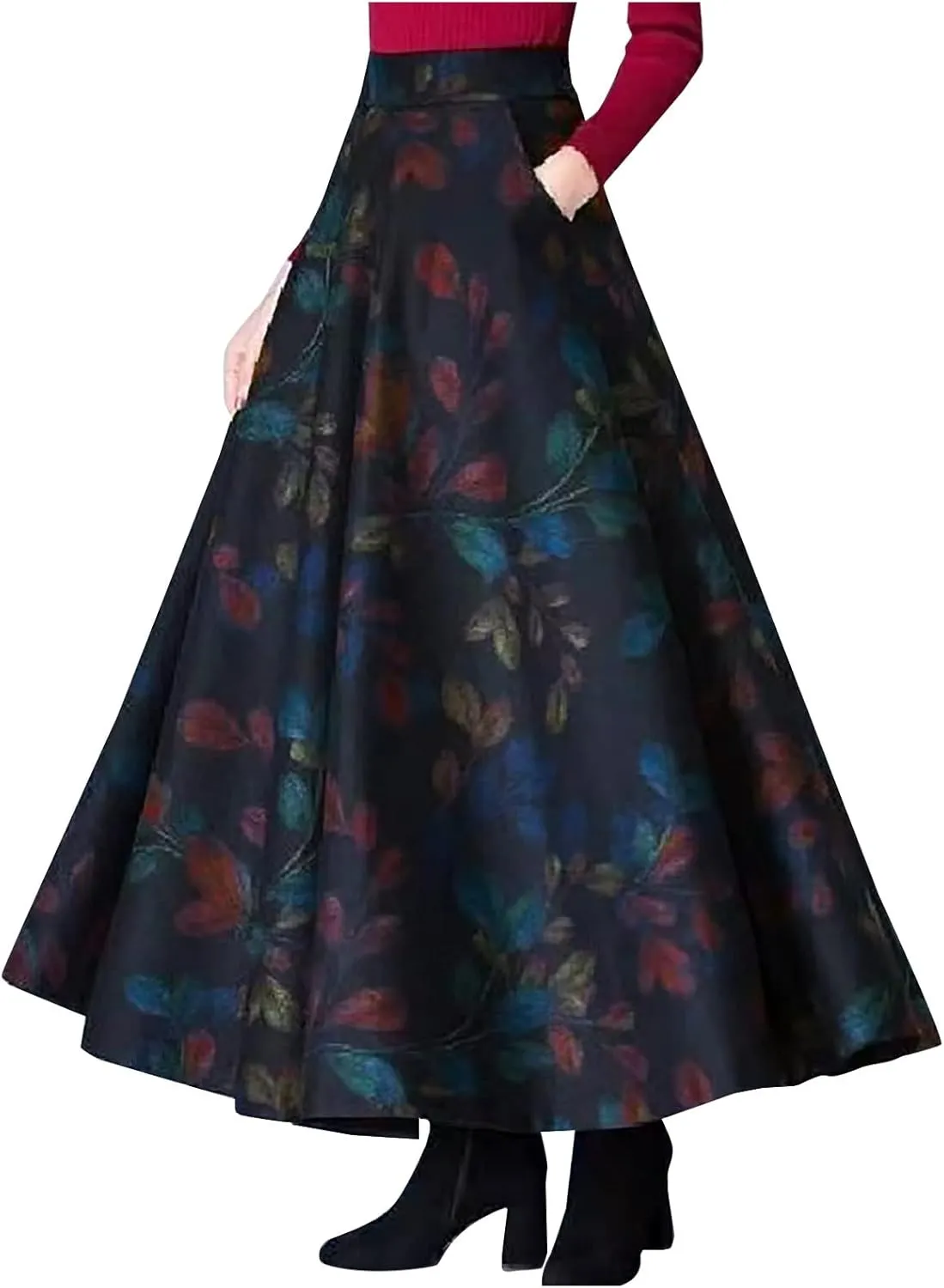Women's Vintage A-Line Maxi Skirt Ankle Length High Waist Pleated Skirt Wool Blend Floral Print Swing Flared Skirts