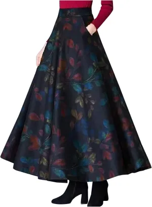 Women's Vintage A-Line Maxi Skirt Ankle Length High Waist Pleated Skirt Wool Blend Floral Print Swing Flared Skirts