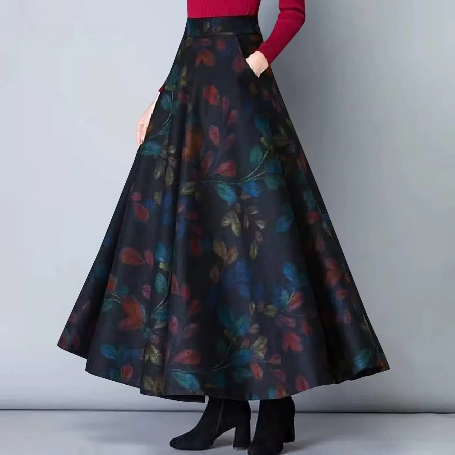 Women's Vintage A-Line Maxi Skirt Ankle Length High Waist Pleated Skirt Wool Blend Floral Print Swing Flared Skirts