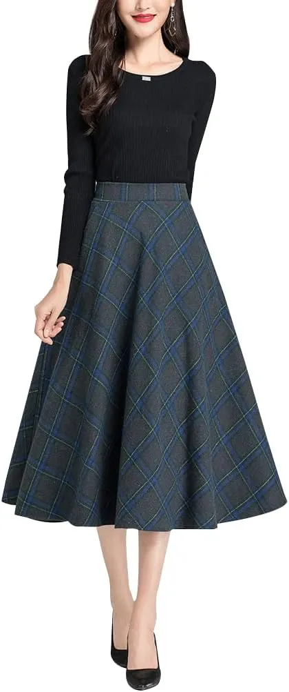 Women's Vintage High Waist Plaid Wool Midi Skirt A-line Fall Winter Elegant Long Skirt