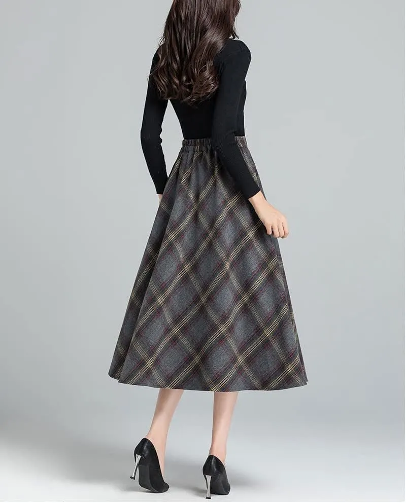 Women's Vintage High Waist Plaid Wool Midi Skirt A-line Fall Winter Elegant Long Skirt