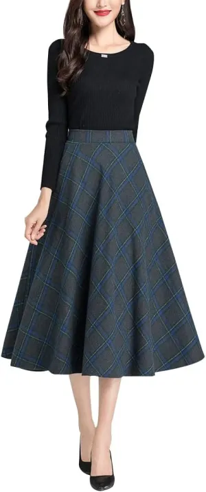 Women's Vintage High Waist Plaid Wool Midi Skirt A-line Fall Winter Elegant Long Skirt