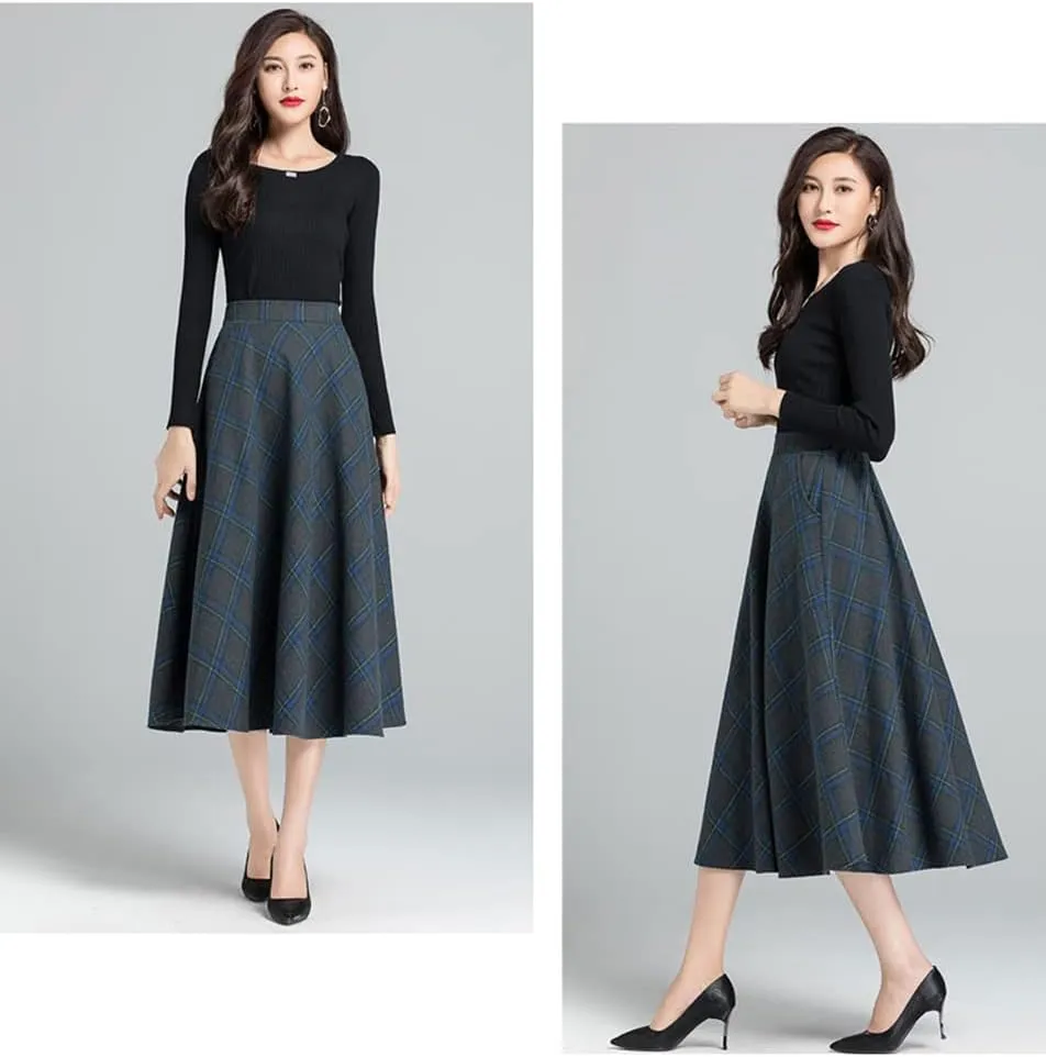 Women's Vintage High Waist Plaid Wool Midi Skirt A-line Fall Winter Elegant Long Skirt