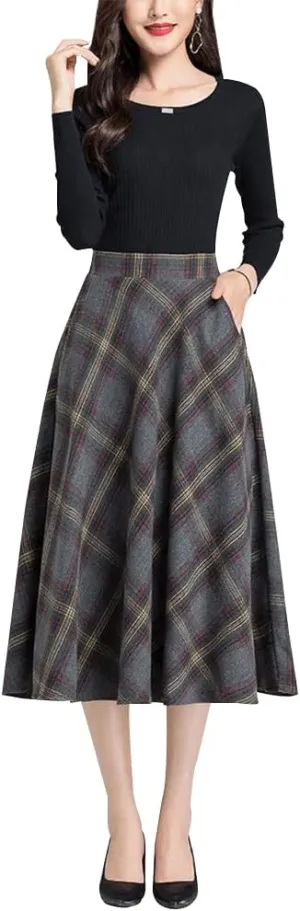 Women's Vintage High Waist Plaid Wool Midi Skirt A-line Fall Winter Elegant Long Skirt