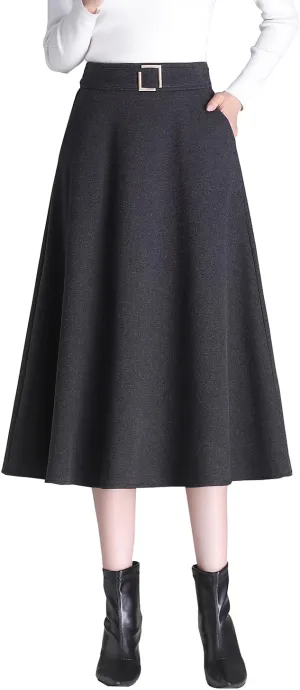 Womens Vintage High Waist Wool Long Skirt A-line Fall/Winter Classic Solid Color Midi Skirt