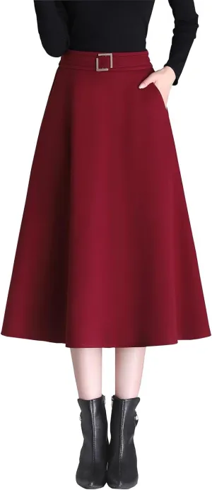 Womens Vintage High Waist Wool Long Skirt A-line Fall/Winter Classic Solid Color Midi Skirt
