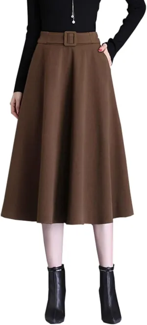 Womens Vintage High Waist Wool Long Skirt A-line Fall/Winter Classic Solid Color Midi Skirt