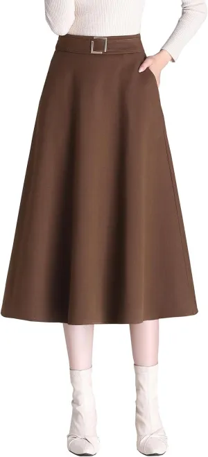 Womens Vintage High Waist Wool Long Skirt A-line Fall/Winter Classic Solid Color Midi Skirt