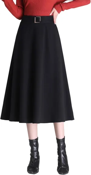 Womens Vintage High Waist Wool Long Skirt A-line Fall/Winter Classic Solid Color Midi Skirt