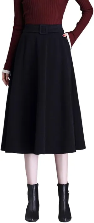 Womens Vintage High Waist Wool Long Skirt A-line Fall/Winter Classic Solid Color Midi Skirt