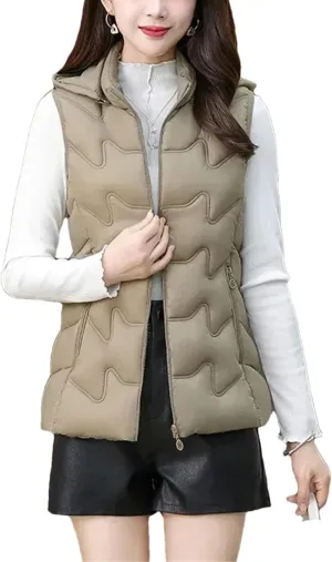 Women's Waistcoat Vest Padded Sleeveless Jacket Winter Warm Cotton Padded Puffer Vest Tops Outwear Hooded Coats
