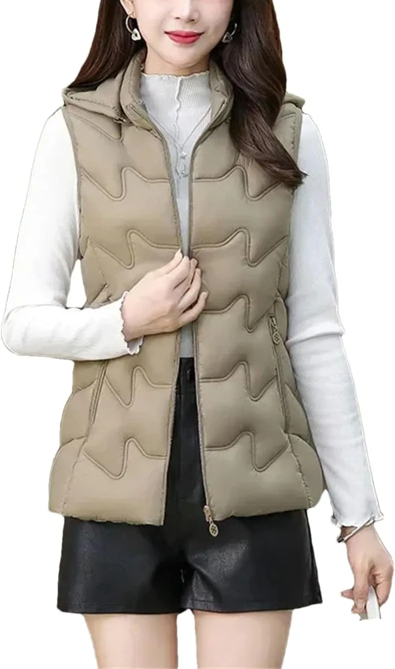 Women's Waistcoat Vest Padded Sleeveless Jacket Winter Warm Cotton Padded Puffer Vest Tops Outwear Hooded Coats