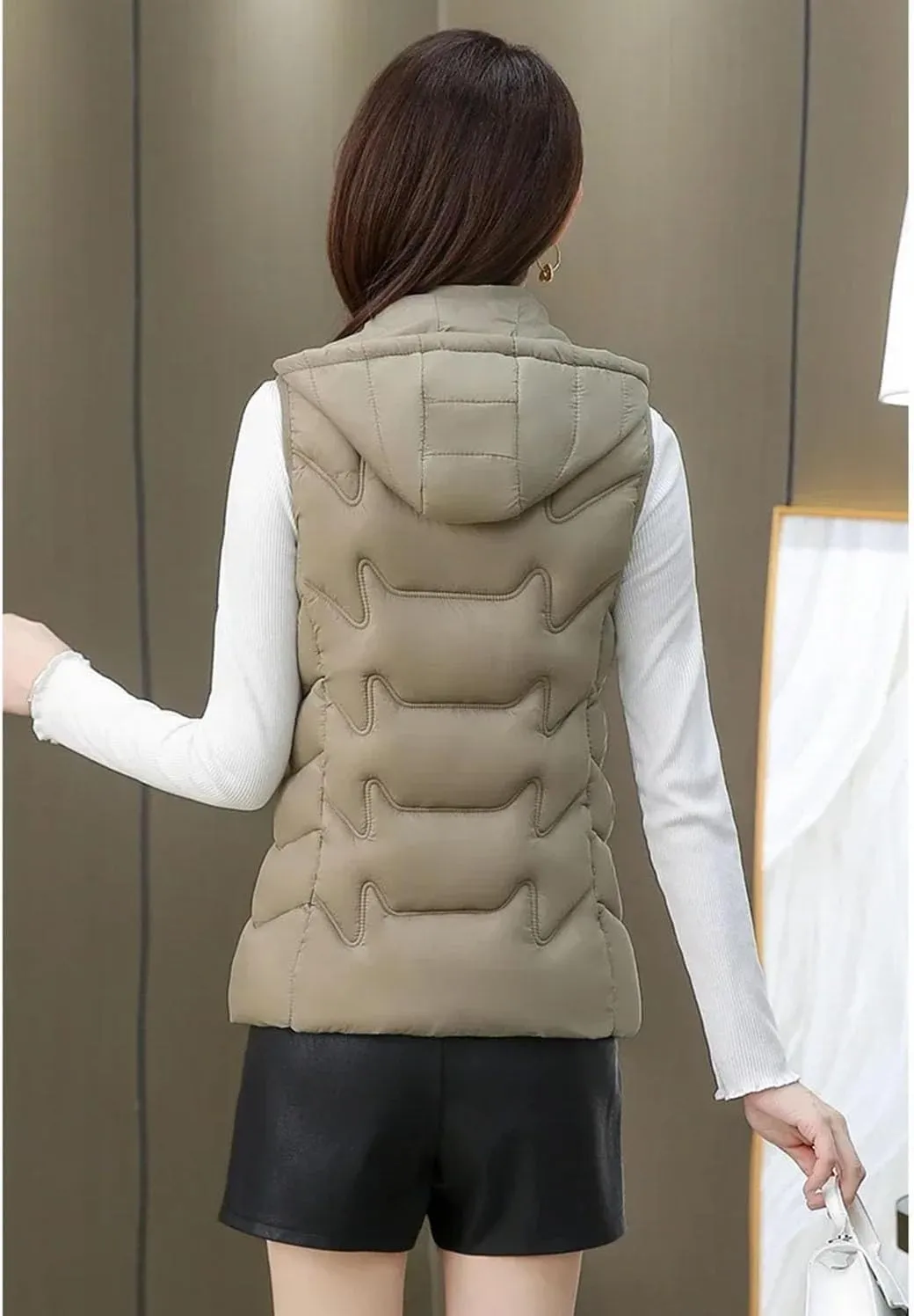 Women's Waistcoat Vest Padded Sleeveless Jacket Winter Warm Cotton Padded Puffer Vest Tops Outwear Hooded Coats