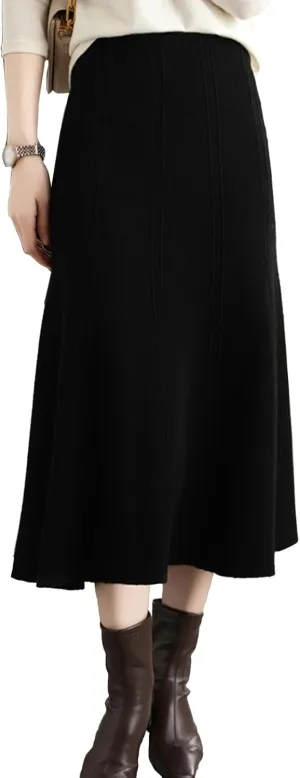 Women's Warm High Waist Wool Long Skirt Winter and Fall A-Line Pleated Flared Knit Midi Skirt