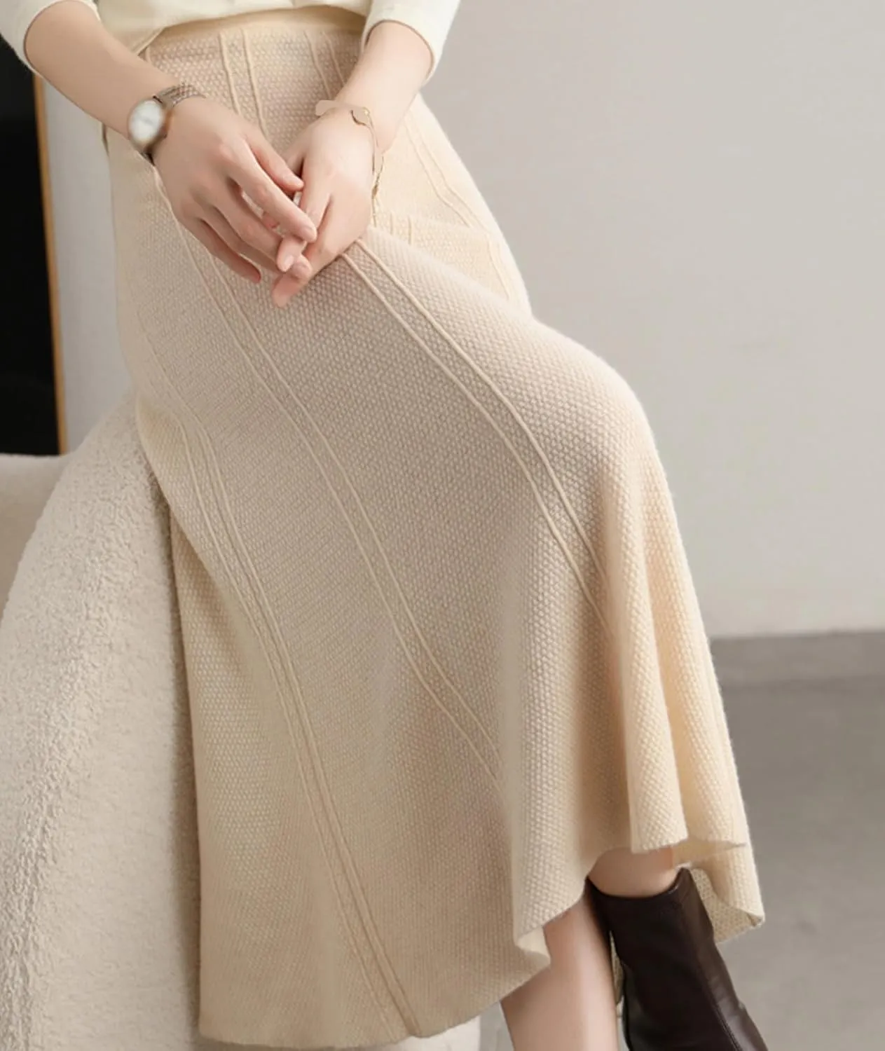 Women's Warm High Waist Wool Long Skirt Winter and Fall A-Line Pleated Flared Knit Midi Skirt