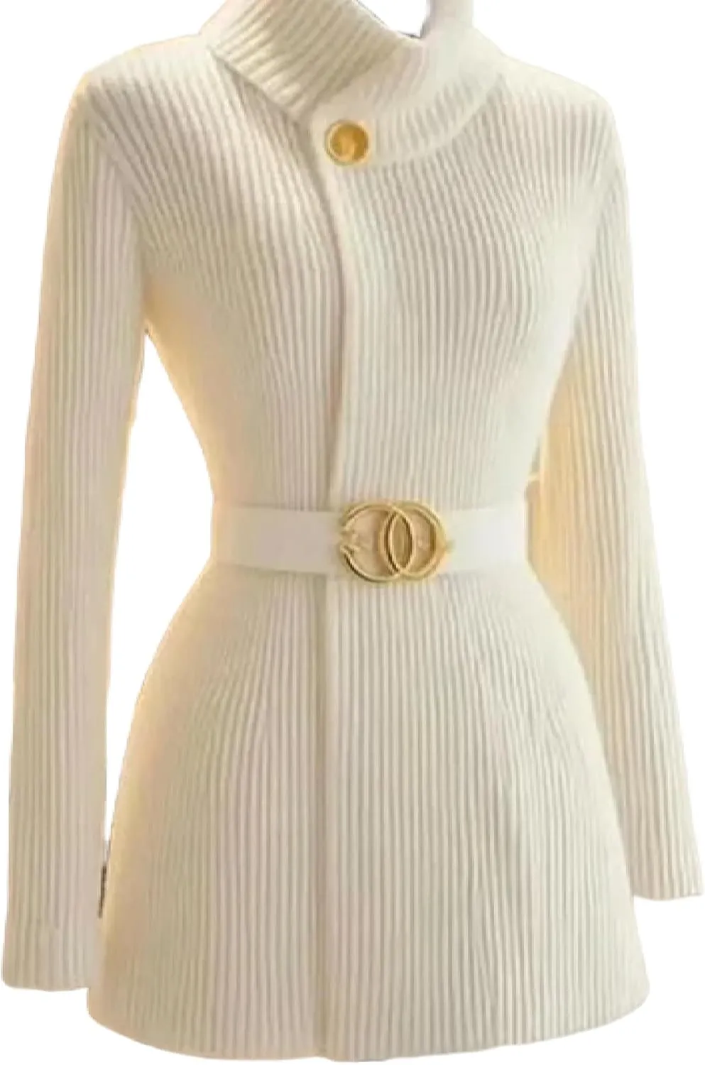 Women's White Solid Color Button Up Cardigan with Metal Belt Design Spring Fall Fashion Casual Tunic Mock Neck Tops