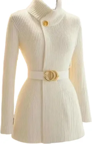 Women's White Solid Color Button Up Cardigan with Metal Belt Design Spring Fall Fashion Casual Tunic Mock Neck Tops