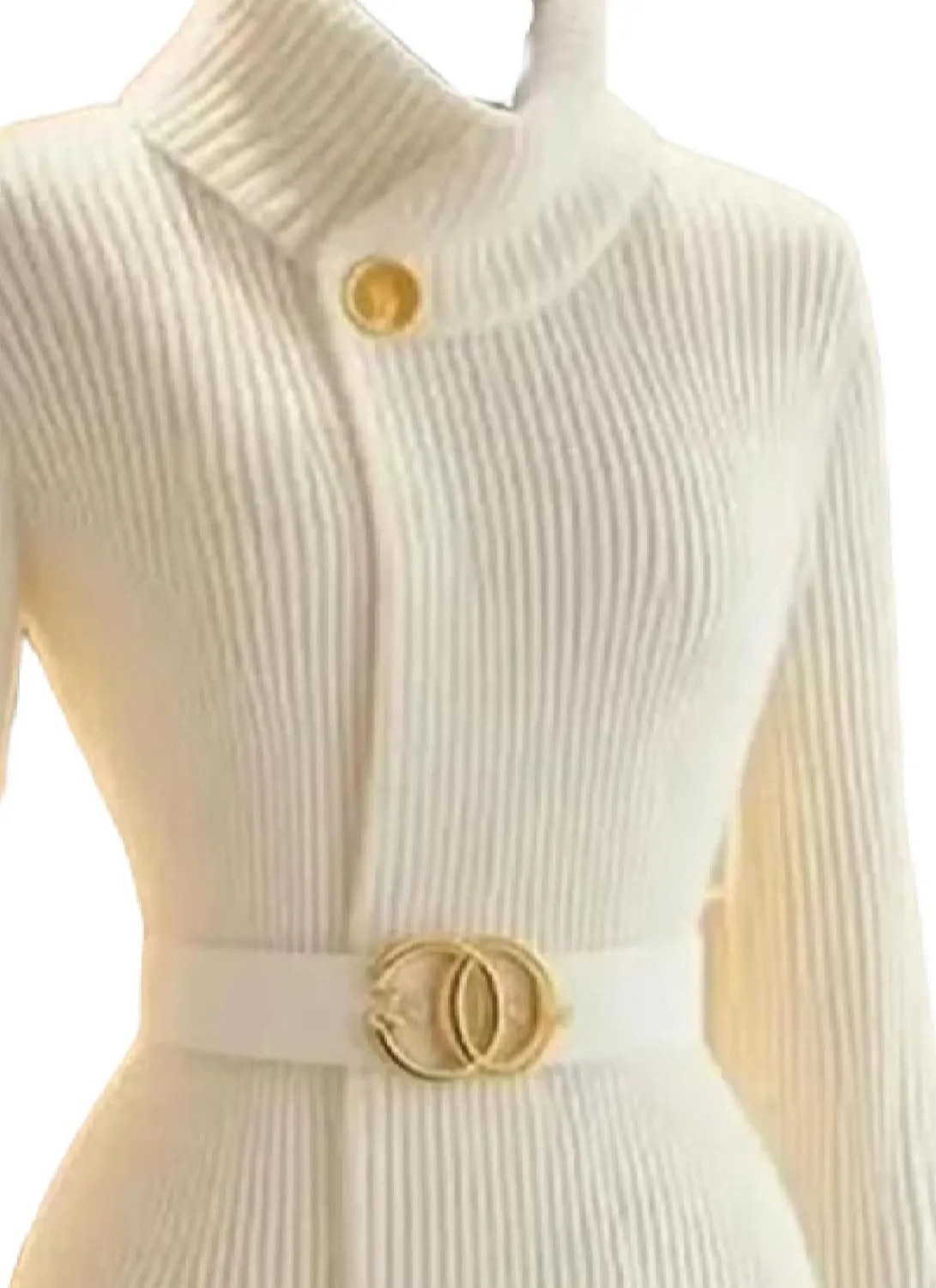 Women's White Solid Color Button Up Cardigan with Metal Belt Design Spring Fall Fashion Casual Tunic Mock Neck Tops