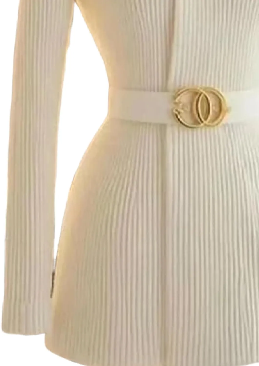 Women's White Solid Color Button Up Cardigan with Metal Belt Design Spring Fall Fashion Casual Tunic Mock Neck Tops