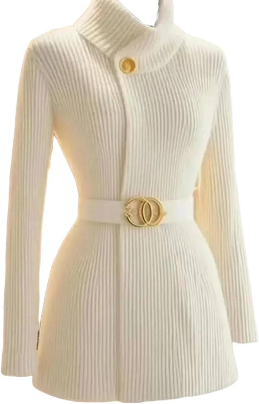 Women's White Solid Color Button Up Cardigan with Metal Belt Design Spring Fall Fashion Casual Tunic Mock Neck Tops