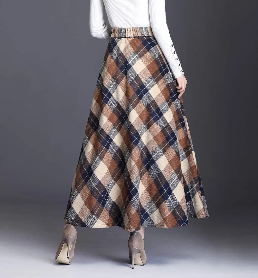 Women's Winter High Waist Plaid Long Skirt Slim A-line Elegant Maxi Skirt with Pocket