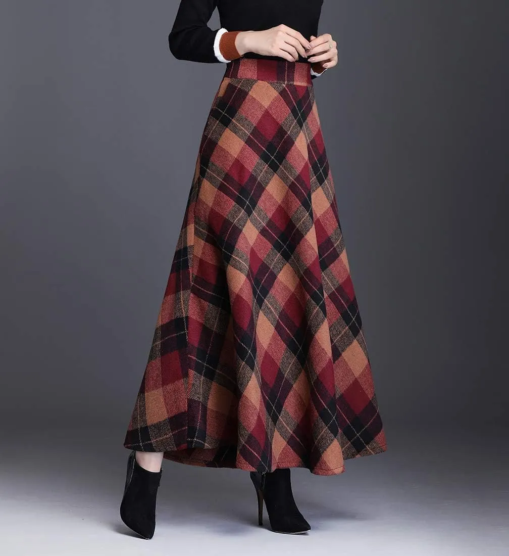 Women's Winter High Waist Plaid Long Skirt Slim A-line Elegant Maxi Skirt with Pocket