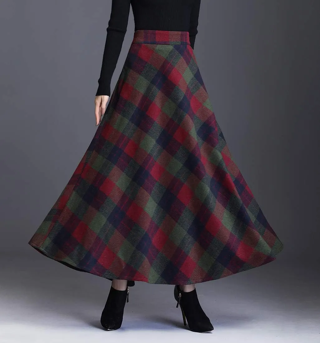 Women's Winter High Waist Plaid Long Skirt Slim A-line Elegant Maxi Skirt with Pocket