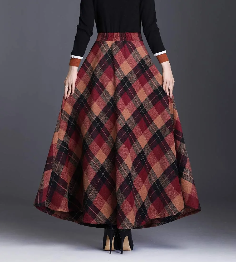 Women's Winter High Waist Plaid Long Skirt Slim A-line Elegant Maxi Skirt with Pocket