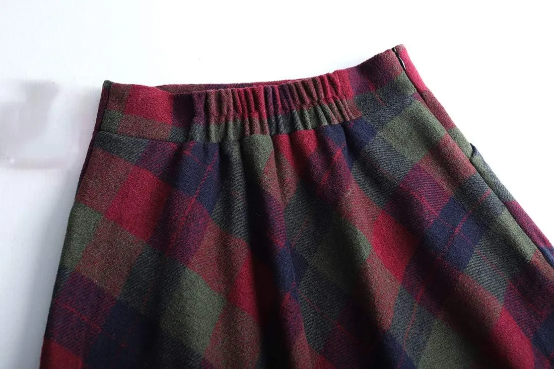 Women's Winter High Waist Plaid Long Skirt Slim A-line Elegant Maxi Skirt with Pocket