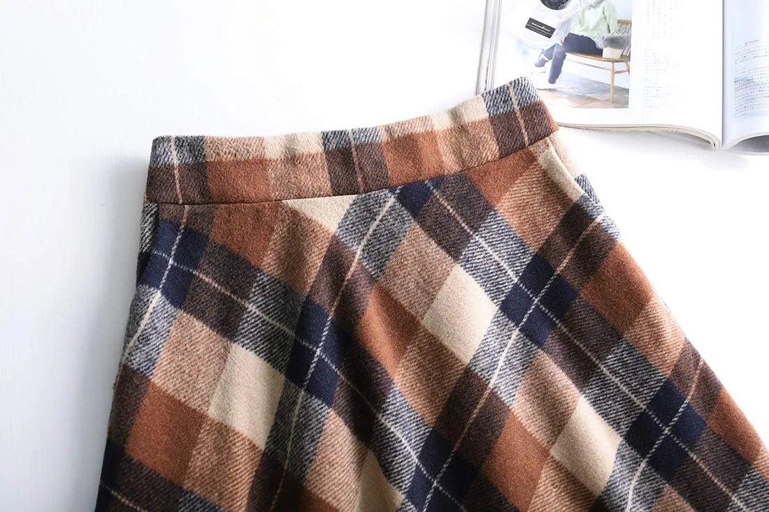 Women's Winter High Waist Plaid Long Skirt Slim A-line Elegant Maxi Skirt with Pocket
