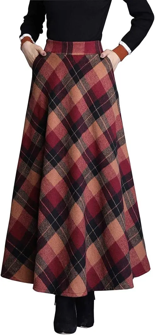 Women's Winter High Waist Plaid Long Skirt Slim A-line Elegant Maxi Skirt with Pocket
