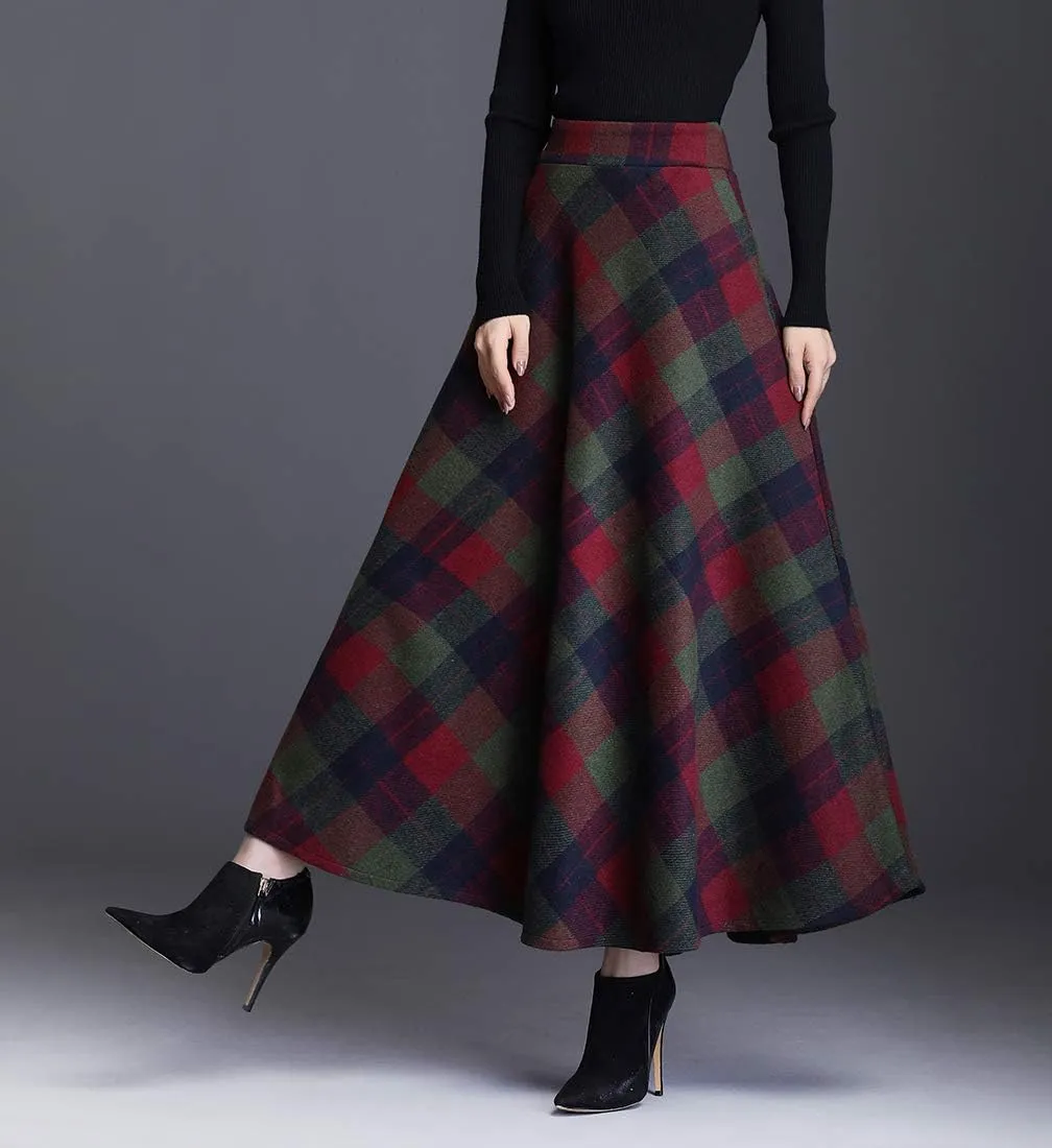 Women's Winter High Waist Plaid Long Skirt Slim A-line Elegant Maxi Skirt with Pocket