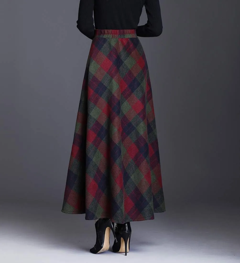 Women's Winter High Waist Plaid Long Skirt Slim A-line Elegant Maxi Skirt with Pocket