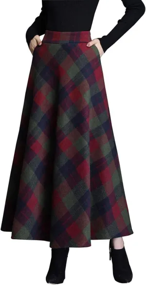 Women's Winter High Waist Plaid Long Skirt Slim A-line Elegant Maxi Skirt with Pocket