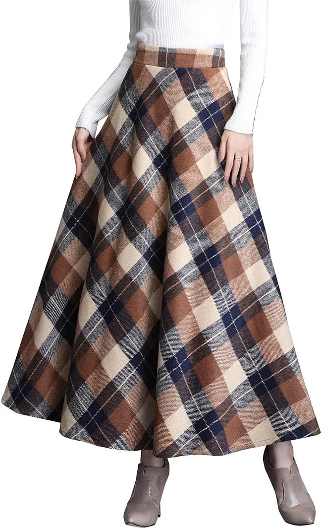 Women's Winter High Waist Plaid Long Skirt Slim A-line Elegant Maxi Skirt with Pocket