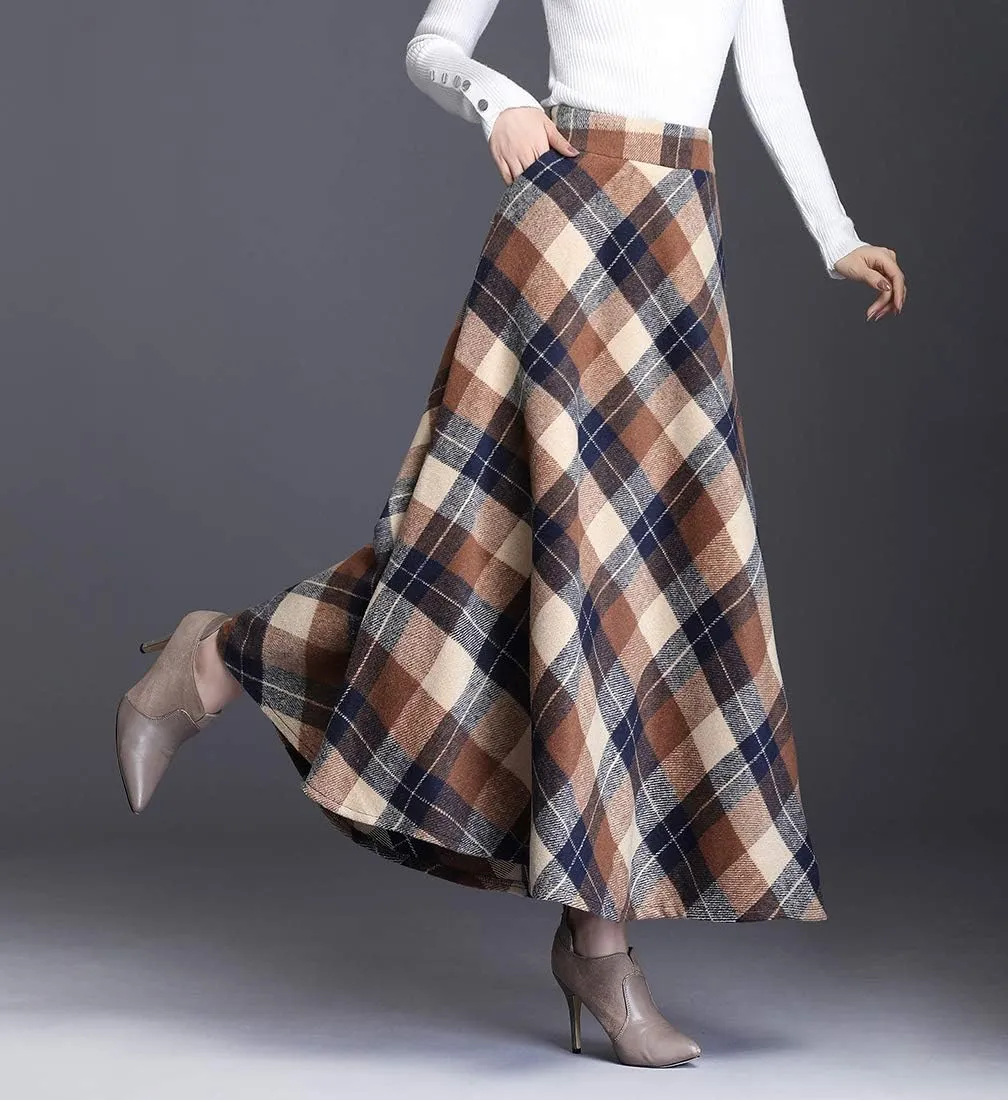 Women's Winter High Waist Plaid Long Skirt Slim A-line Elegant Maxi Skirt with Pocket